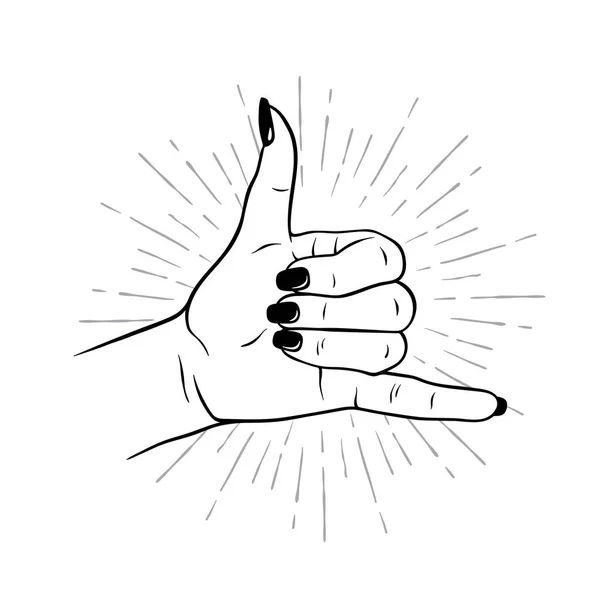 Mano Femenina Dibujada Mano Gesto Shaka Tatuaje Flash Blackwork Pegatina — Vector de stock