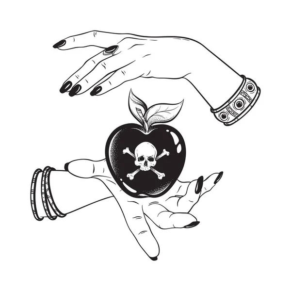 毒魔女ライン ドット作業手描きベクトル図の手でアップル 自由奔放に生きるスタイル ステッカー パッチ プリントやブラックワーク フラッシュのタトゥーのデザイン — ストックベクタ