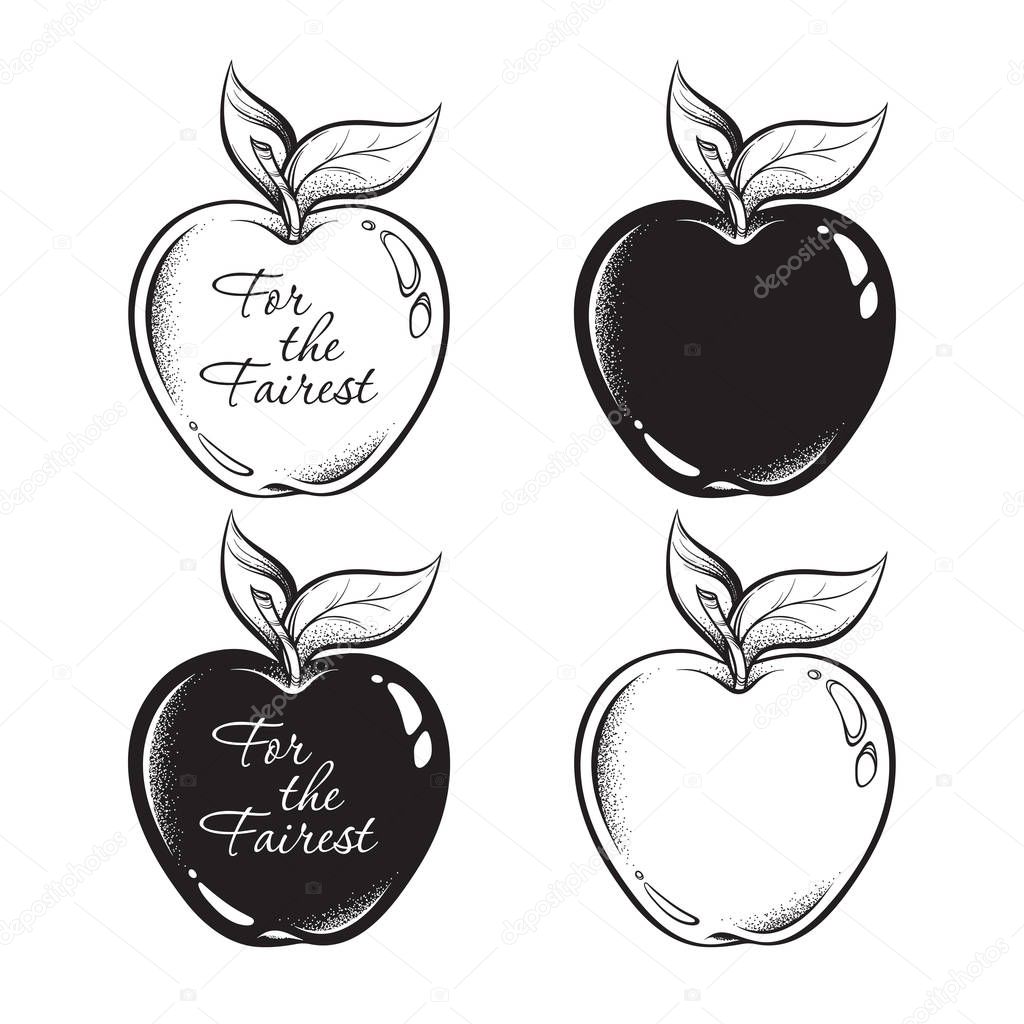 Apple of discord line art and dot work hand drawn set , hellenistic mythology, gift to a goddesses For the Fairest. Boho sticker, print or blackwork flash tattoo art design vector illustration