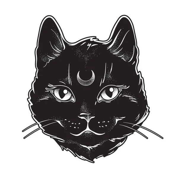 可爱的黑猫与月亮在他的额头线艺术和点工作 巫术熟悉的精神 万圣节或异教巫术主题挂毯打印设计矢量插图 — 图库矢量图片