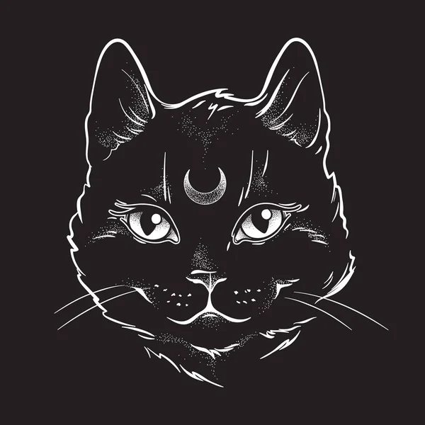 Schattig Zwarte Kat Met Maan Zijn Voorhoofd Lijn Kunst Stip — Stockvector