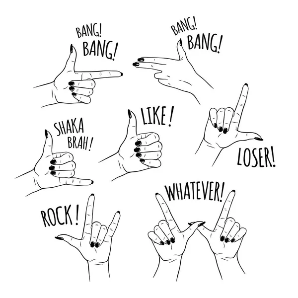 Hand Drawn Set Comics Style Female Hands Different Gestures Social — Stock Vector