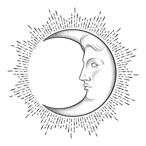 Mondsichel Mit Gesicht Antiken Stil Handgezeichnete Linienkunst Und Dotwork Boho — Stockvektor