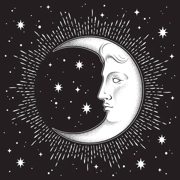 Croissant Lune Étoiles Dans Art Ligne Dessinée Main Style Antique — Image vectorielle