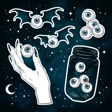Ürkütücü gözlerini çıkartmaları ay ve yıldız ile gece mavi gökyüzü üzerinde çizilmiş halloween Tema baskı tasarımı vektör çizim el