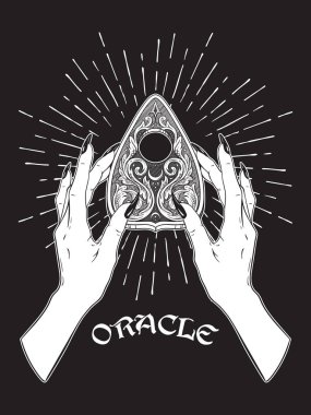 Elle çizilmiş ruhu kurulu oracle planchette izole kadın elinde. Bloho stil etiketi, poster, siyahişi dövme ya da baskı tasarımı vektör çizim