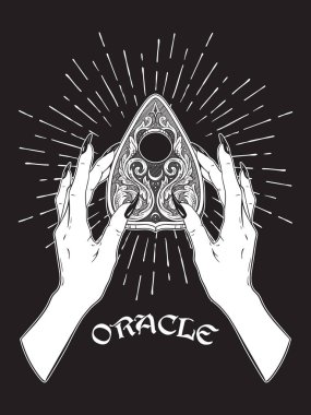 Hand drawn spirit board oracle planchette in female hands isolated. Bloho style sticker, poster, blackwork tattoo or print design vector illustration clipart