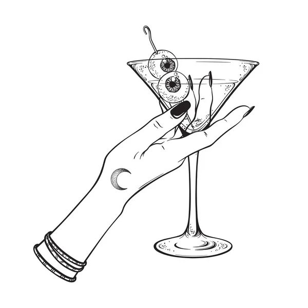 Martini Med Ögonglober Cocktail Handen Häxa Halloween Design Line Art — Stock vektor