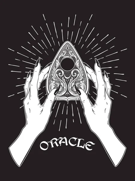 Hand Getekende Geest Bestuur Oracle Planchette Vrouwelijke Handen Geïsoleerd Bloho — Stockvector