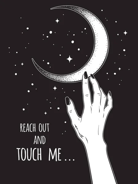 Female Hand Reaching Out Moon Vector Illustration Black Work Dot — Stock Vector