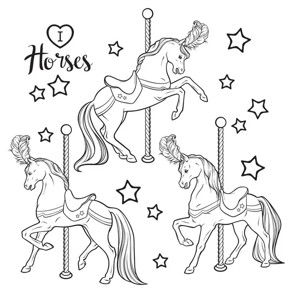 Mignons Carrousel Chevaux Étoiles Mis Illustration Vectorielle Isolée Pages Livres — Image vectorielle