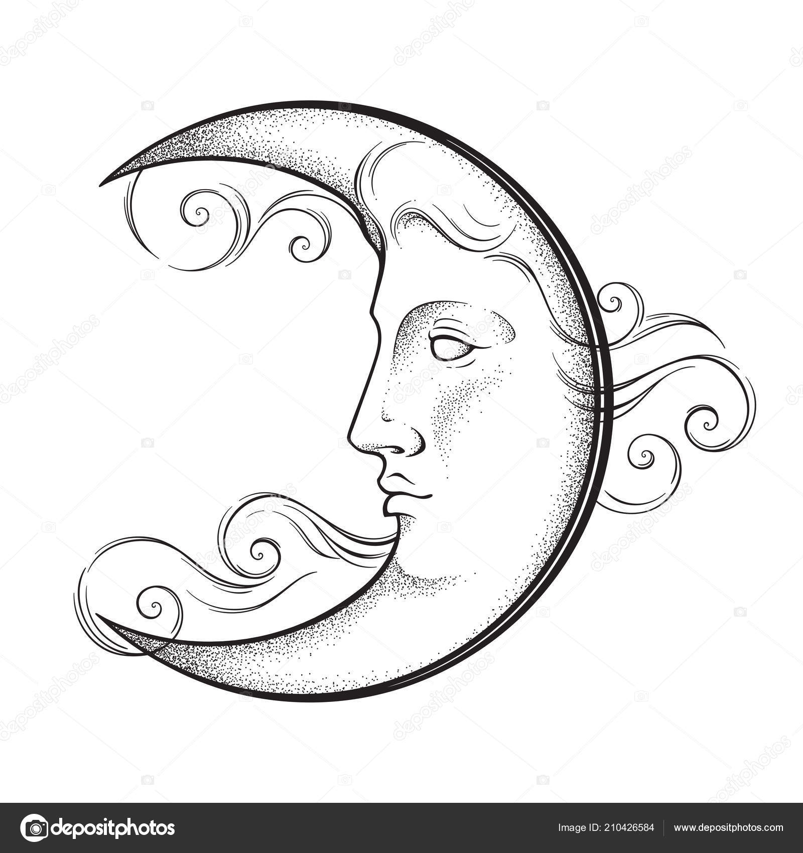 Crescent Moon Face Tattoo Design