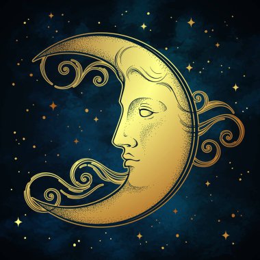 Hilal ve yıldızlar antik stil el yapımı sanat ve noktalama çizgileri çiziyor. Boho şık dövme, poster, sunak duvağı, goblen ya da kumaş baskı tasarım vektörü çizimi