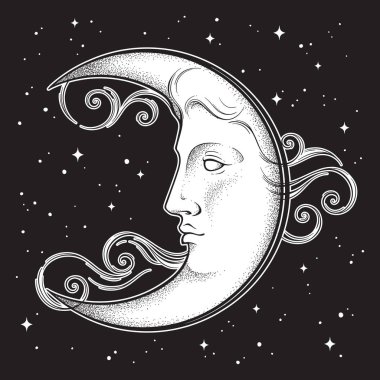 Hilal ve yıldızlar antik stil el yapımı sanat ve noktalama çizgileri çiziyor. Boho şık dövme, poster, sunak duvağı, goblen ya da kumaş baskı tasarım vektörü çizimi