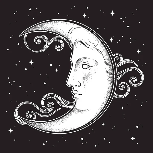 Luna Creciente Estrellas Estilo Antiguo Dibujado Mano Arte Línea Dotwork — Vector de stock