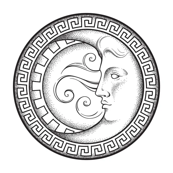 Antika stili el hilal ay çizgi roman ve dotwork çizilmiş. Boho chic sanat dövme, poster, sunak peçe, goblen veya kumaş baskı tasarımı vektör çizim