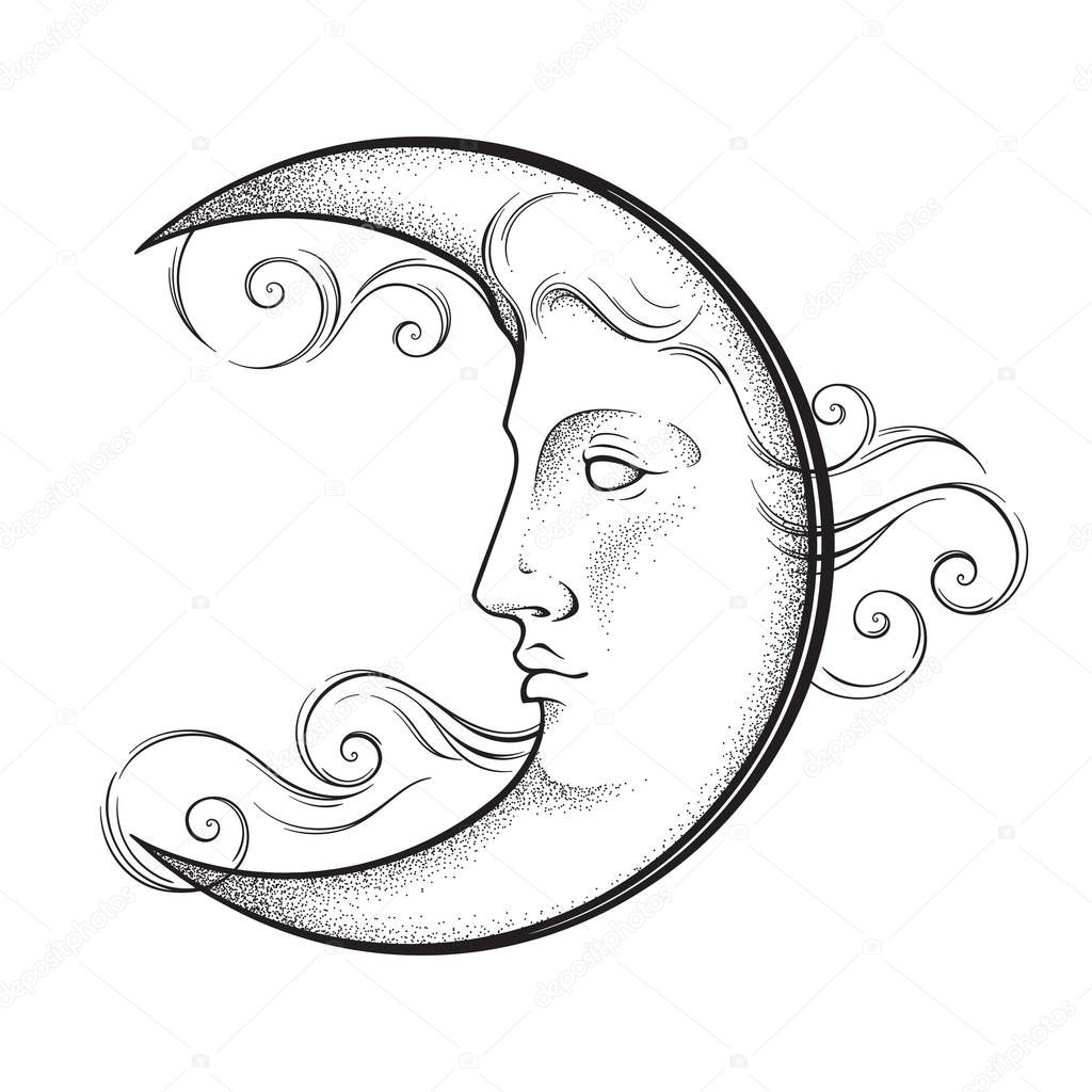 Crescent moon with face in antique style hand drawn line art and dotwork. Boho chic tattoo, poster, altar veil, tapestry or fabric print design vector illustration