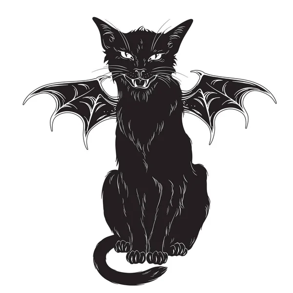 白い背景に分離されたモンスター翼を持つ不気味な黒い猫 魔女宗魔 ハロウィーンや異教の魔術テーマ プリント デザイン ベクトル イラスト — ストックベクタ