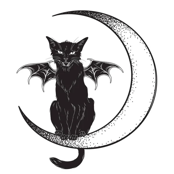 黑猫与蝙蝠翅膀坐在新月孤立线艺术和 Dotwork 矢量插图 巫婆熟悉的精神动物 哥特式风格的卡片或海报设计 — 图库矢量图片