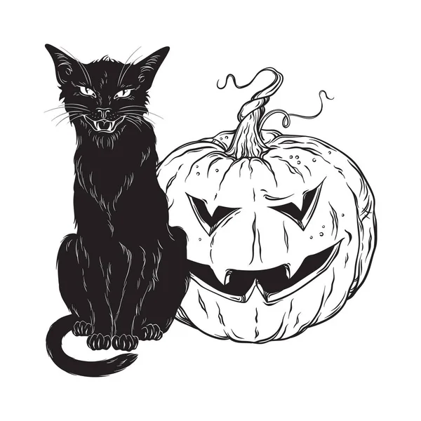 고양이 일러스트 할로윈 호박과 마녀의 익숙한 스타일 포스터 디자인 — 스톡 벡터