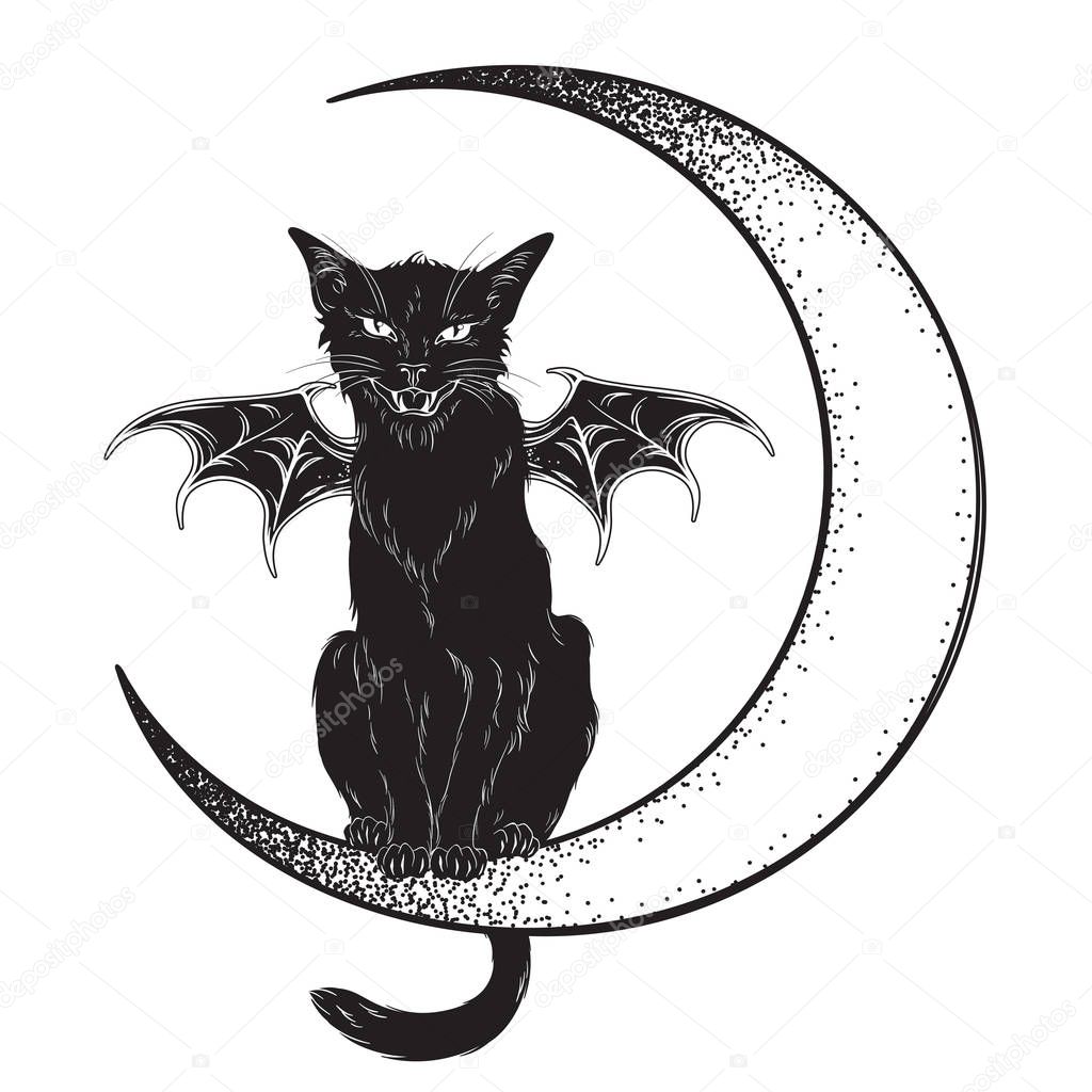Black cat with bat wings sitting on the crescent moon isolated line art and dotwork vector illustration. Witches familiar spirit animal, gothic style card or poster design