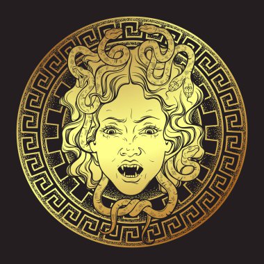 Bir kalkan kafasına Gorgon Medusa altın çizilmiş çizgiyi sanat ve nokta iş baskı tasarımı izole vektör çizim ver. Gorgoneion bir koruyucu tılsım olduğunu