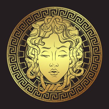 Bir kalkan kafasına Gorgon Medusa altın çizilmiş çizgiyi sanat ve nokta iş baskı tasarımı izole vektör çizim ver. Gorgoneion bir koruyucu tılsım olduğunu