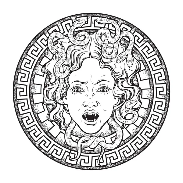 Medusa Gorgon Head Shield Hand Drawn Line Art Dot Work — Stock Vector