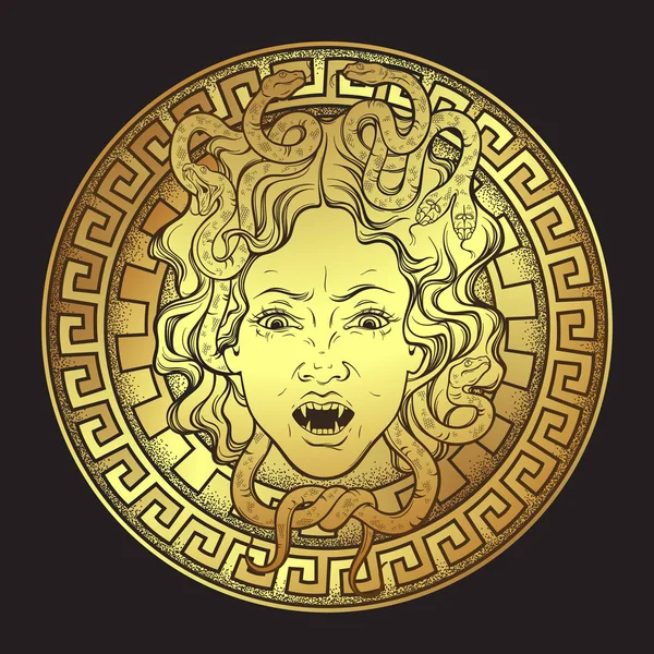 Medusa Gorgon Golden Head Shield Hand Drawn Line Art Dot — Stock Vector