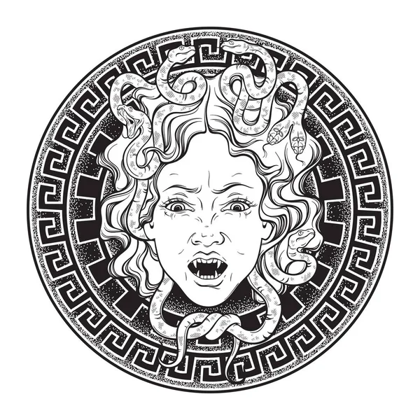 Medusa Gorgon Testa Uno Scudo Disegnato Mano Linea Arte Punto — Vettoriale Stock