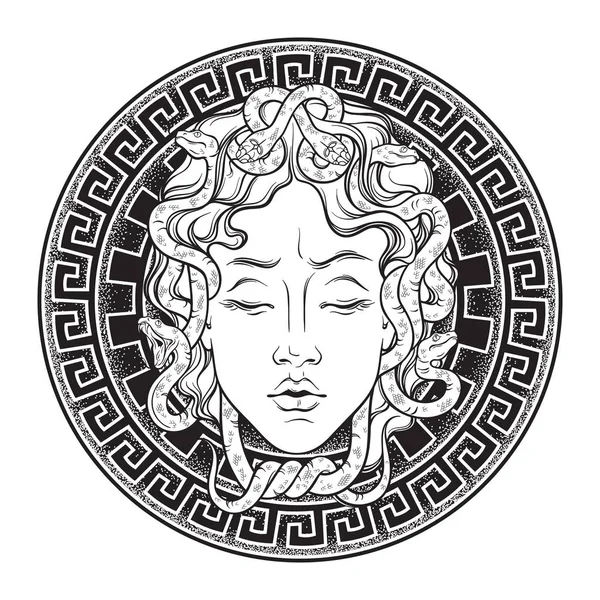 Medusa Gorgon Cabeça Escudo Desenhado Mão Linha Arte Ponto Trabalho — Vetor de Stock