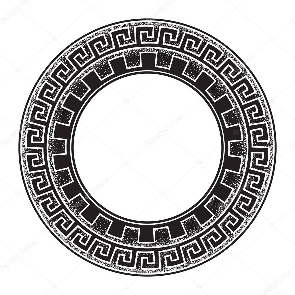 Antique greek style meander ornanent hand drawn line art and dot work round frame design vector illustration