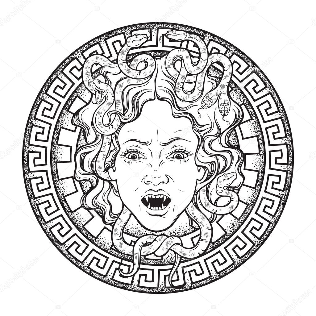 Medusa Gorgon head on a shield hand drawn line art and dot work tattoo or print design isolated vector illustration. Gorgoneion is a protective amulet