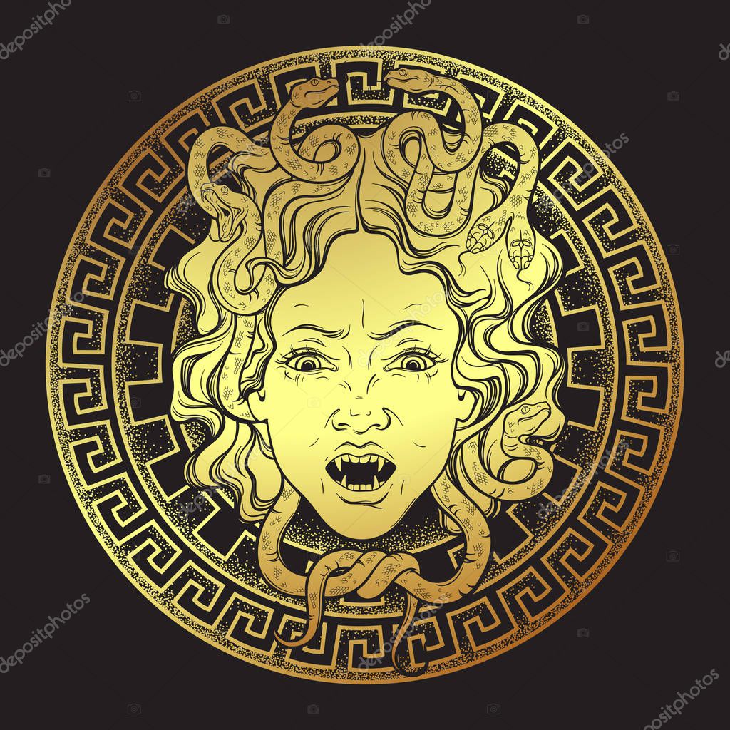 Medusa Gorgon golden head on a shield hand drawn line art and dot work print design isolated vector illustration. Gorgoneion is a protective amulet