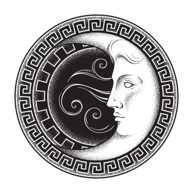 Antika stili el hilal ay çizgi roman ve dotwork çizilmiş. Boho chic sanat dövme, poster, sunak peçe, goblen veya kumaş baskı tasarımı vektör çizim