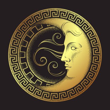 Antika stili el hilal ay çizgi roman ve dotwork çizilmiş. Boho chic sanat dövme, poster, sunak peçe, goblen veya kumaş baskı tasarımı vektör çizim