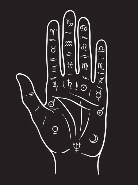 조디악의 징후와 점쟁이 Chiromancy 표지판 흑인과 손으로 디자인 일러스트 — 스톡 벡터