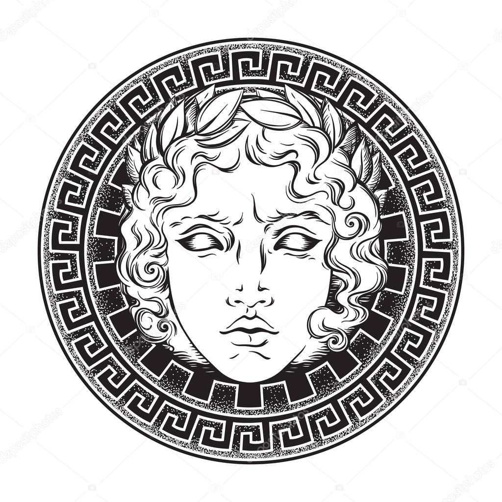 Greek and roman god Apollo. Hand drawn antique style logo or print design art vector illustration