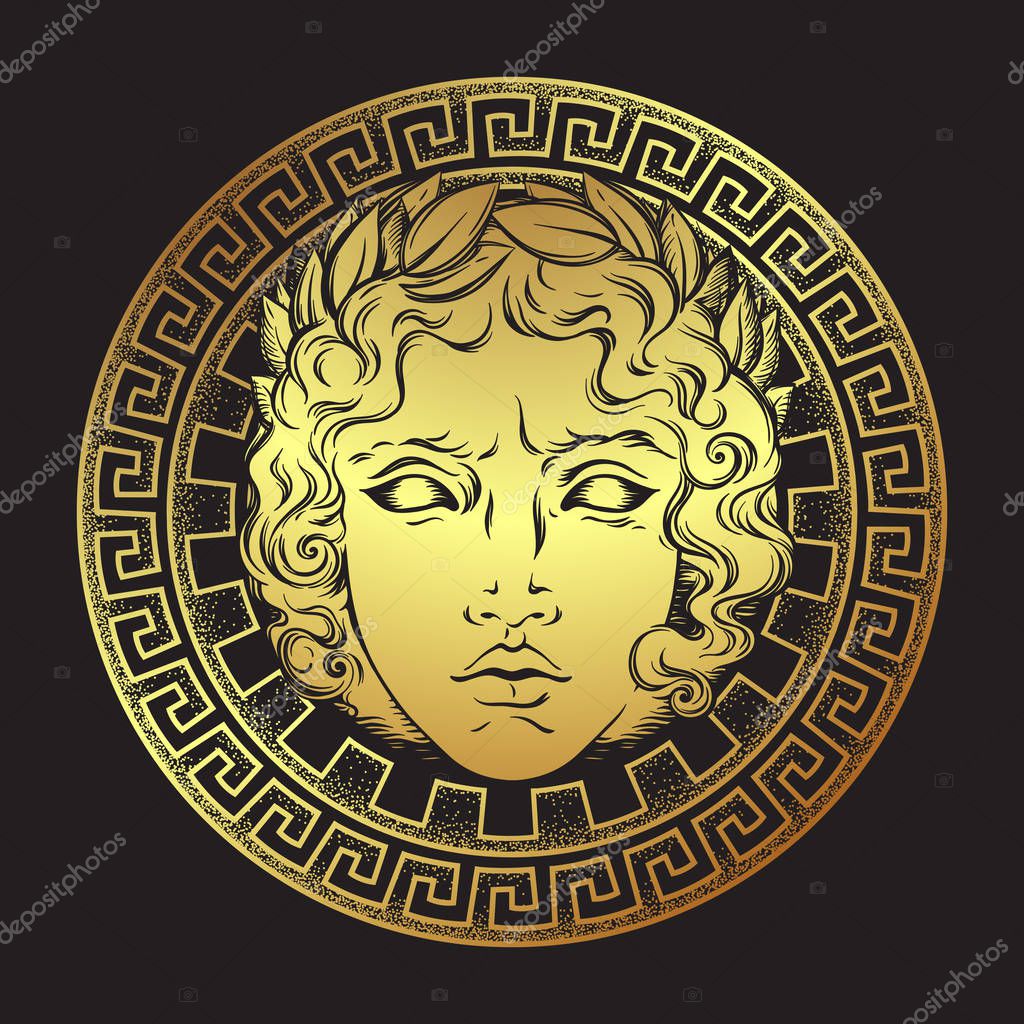 Greek and roman god Apollo. Hand drawn antique style logo or print design art vector illustration