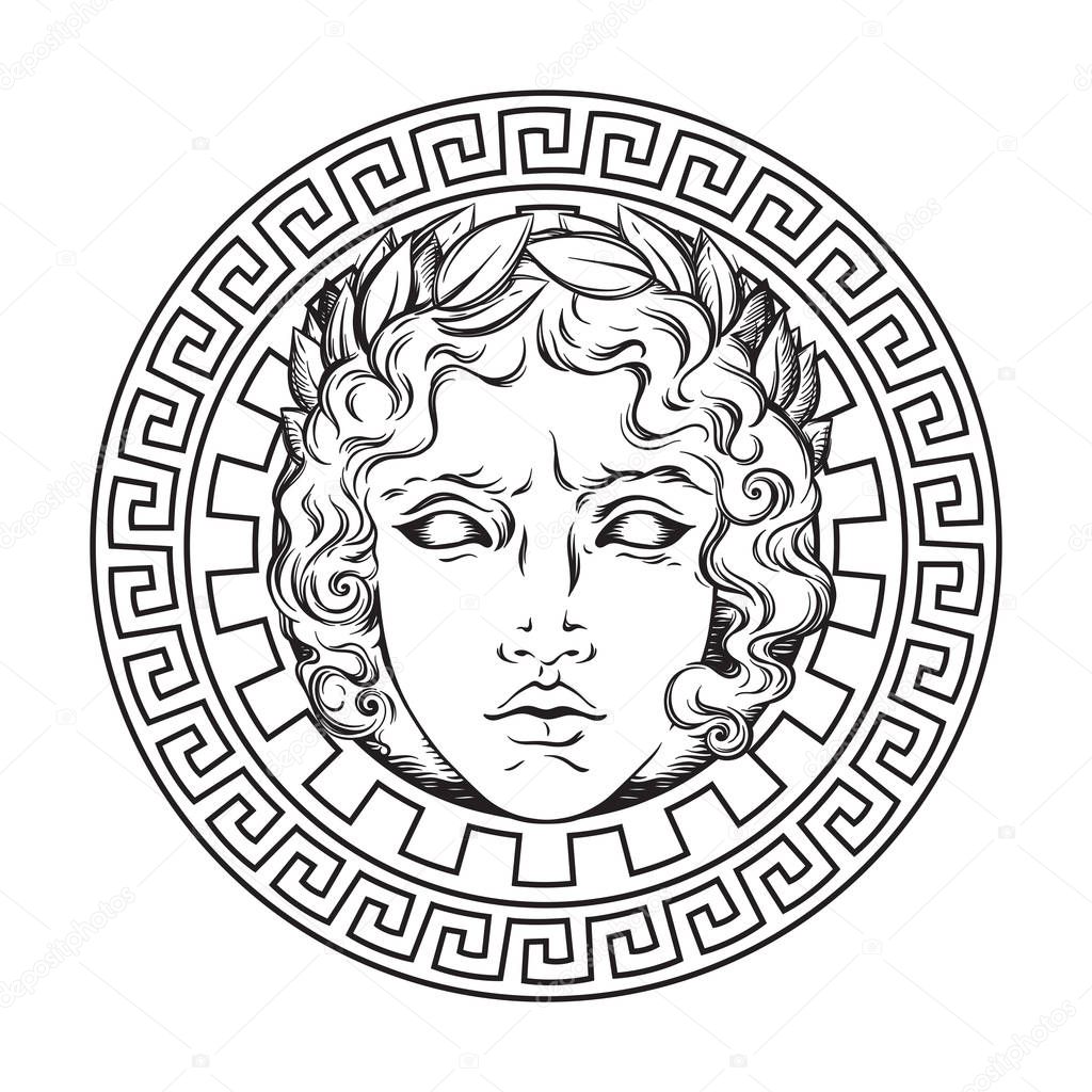Greek and roman god Apollo. Hand drawn antique style logo or print design art vector illustration