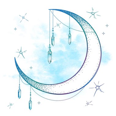 Blue crescent moon with moonstone gem pendants and stars vector illustration. Hand drawn boho style art print poster design, astrology, alchemy, magic symbol over abstract watercolor background clipart
