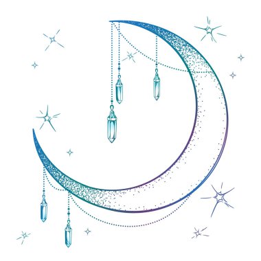 Mavi hilal ay taşını mücevher kolye ve yıldız vektör çizim ile. Çizilmiş boho tarzı sanat baskı afiş tasarımı, Astroloji, simya, büyü sembolü beyaz arka plan üzerinde el