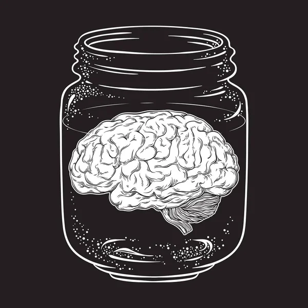 Cerveau Humain Dans Bocal Verre Isolé Autocollant Impression Dessin Tatouage — Image vectorielle