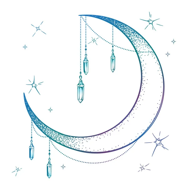 Croissant Lune Bleu Avec Pendentifs Pierre Lune Étoiles Illustration Vectorielle — Image vectorielle