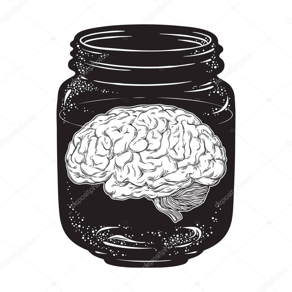 Human brain in glass jar isolated. Sticker, print or blackwork tattoo design hand drawn vector illustration.