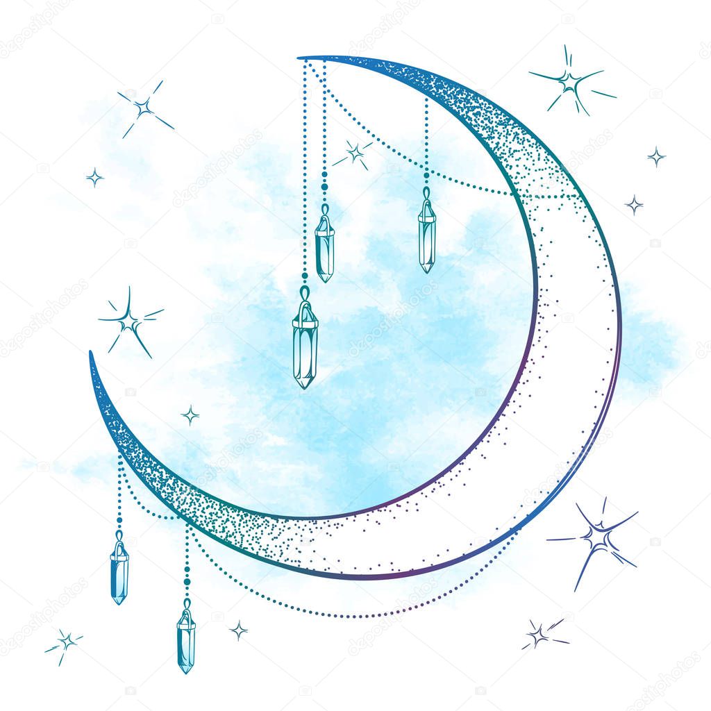 Blue crescent moon with moonstone gem pendants and stars vector illustration. Hand drawn boho style art print poster design, astrology, alchemy, magic symbol over abstract watercolor background