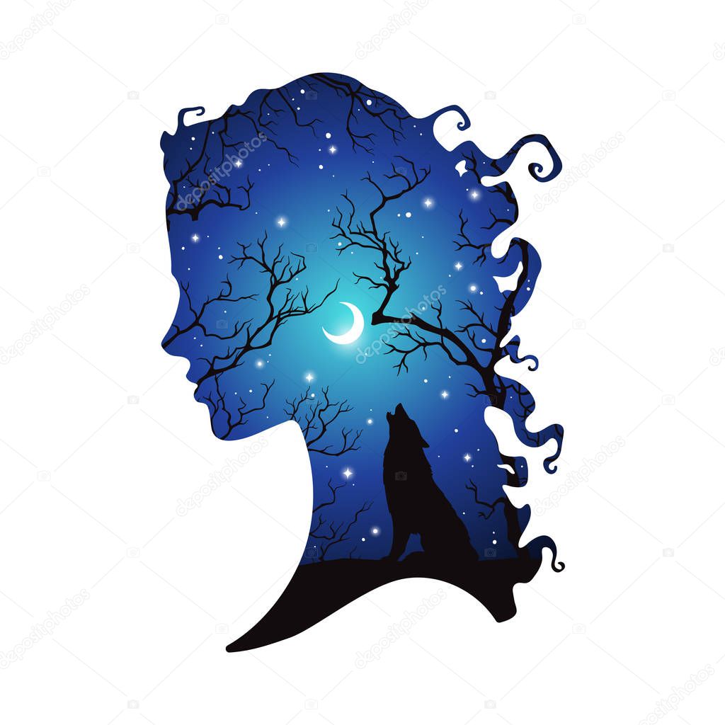 Double exposure silhouette of beautiful woman with shadow of wolf in the night forest, crescent moon and stars. Sticker or tattoo design vector illustration. Pagan totem, wiccan familiar spirit art.