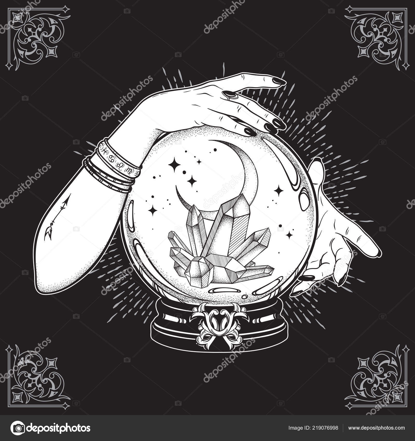 Hand Drawn Magic Crystal Ball Gems Crescent Moon Hands Fortune Stock Vector by ©Croisy 219076998