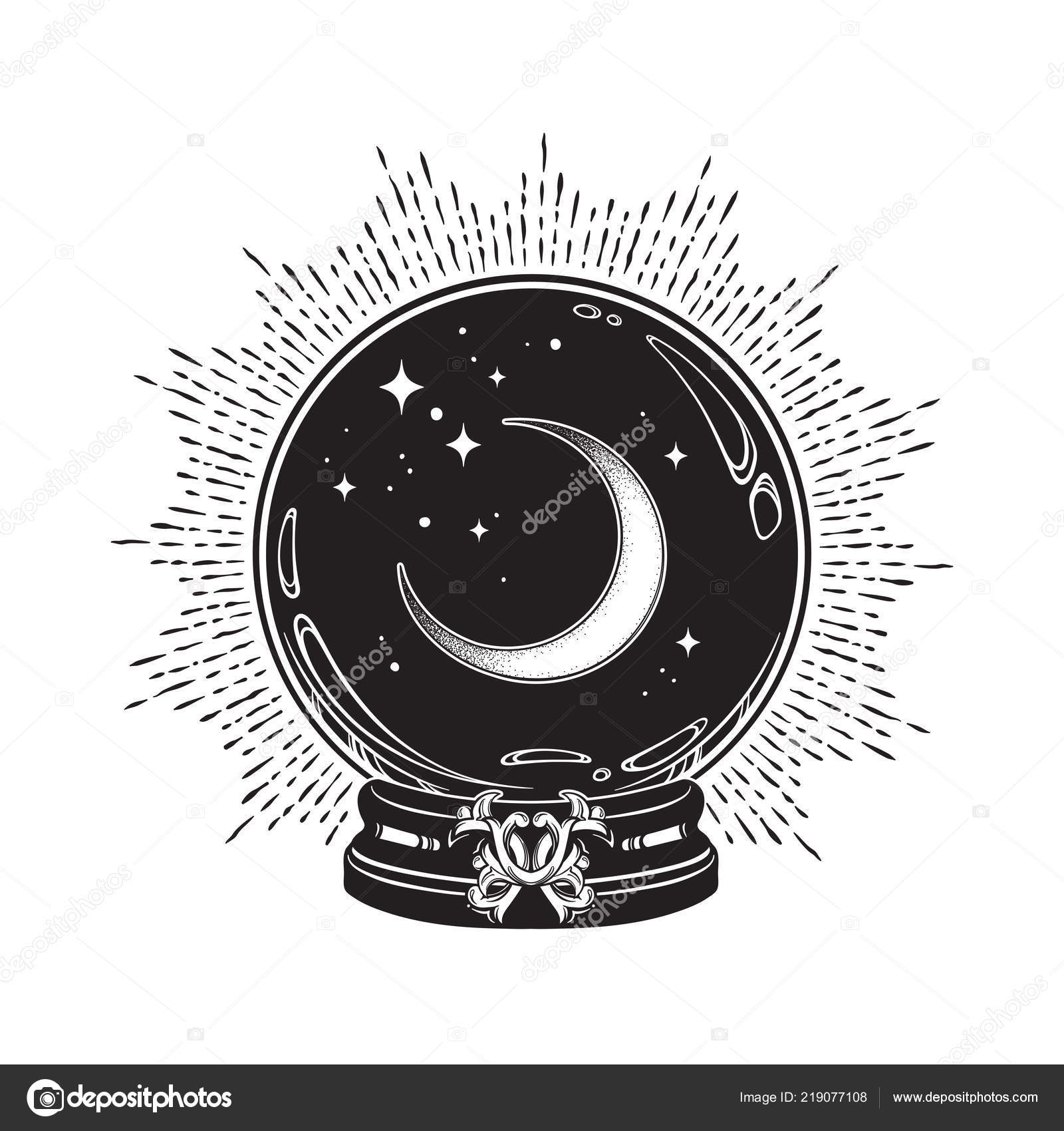 Hand Drawn Magic Crystal Ball Crescent Moon Stars Line Art Stock Vector  Image by ©Croisy #219077108
