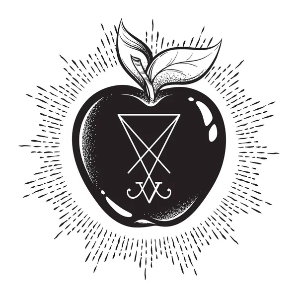 Tiltott Gyümölcs Almát Tudás Fája Sigil Lucifer Elszigetelt Kézzel Rajzolt — Stock Vector